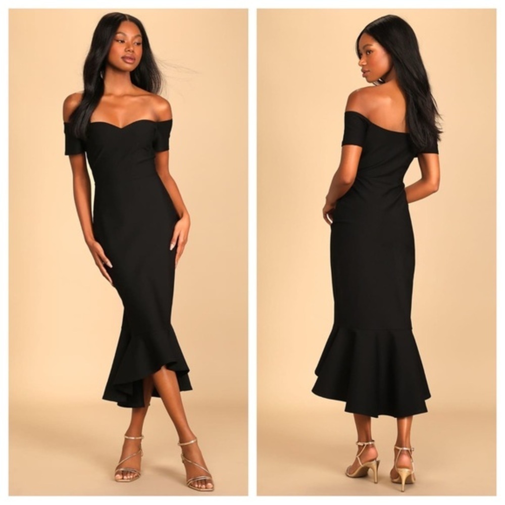 Lulus How Much I Care Black Off-the-Shoulder Midi Dress